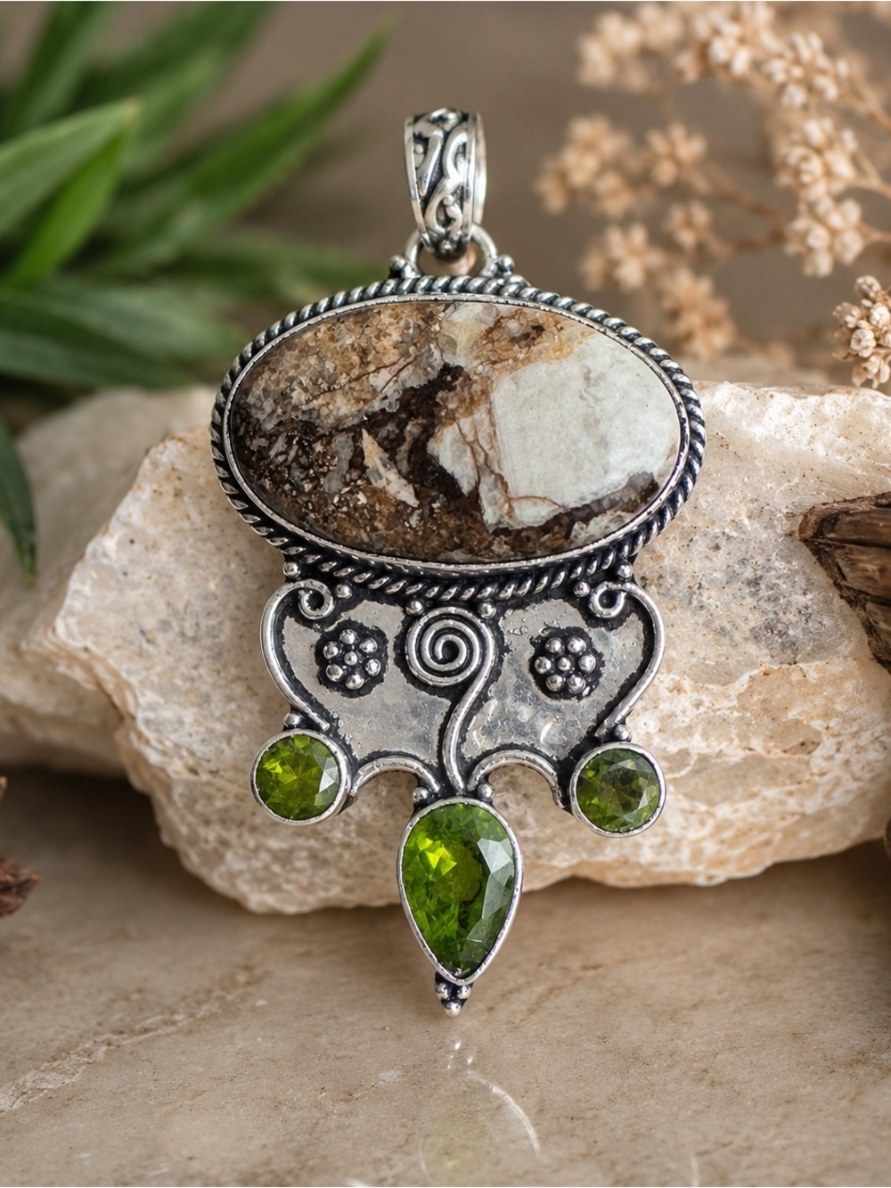 Artisan Sterling Pendant with Brown ORKA AGATE and Bright Green Peridot Accents
